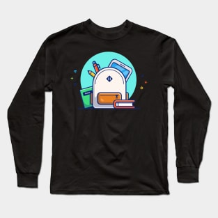 Backpack, Book, Notes, pencil, Pen And Tablet Cartoon Long Sleeve T-Shirt